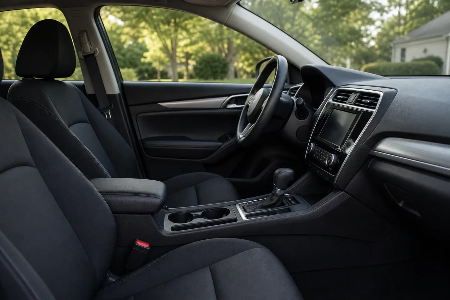 Illustrative freshly detailed sedan interior with clean seats, dashboard, and center console