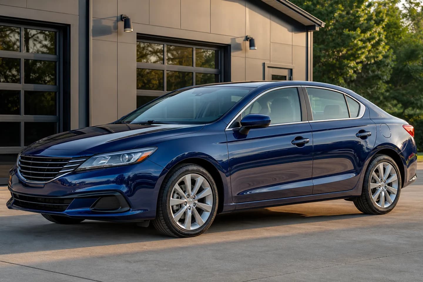 The same deep-blue sedan after detailing with glossy paint, clean wheels and clear reflections