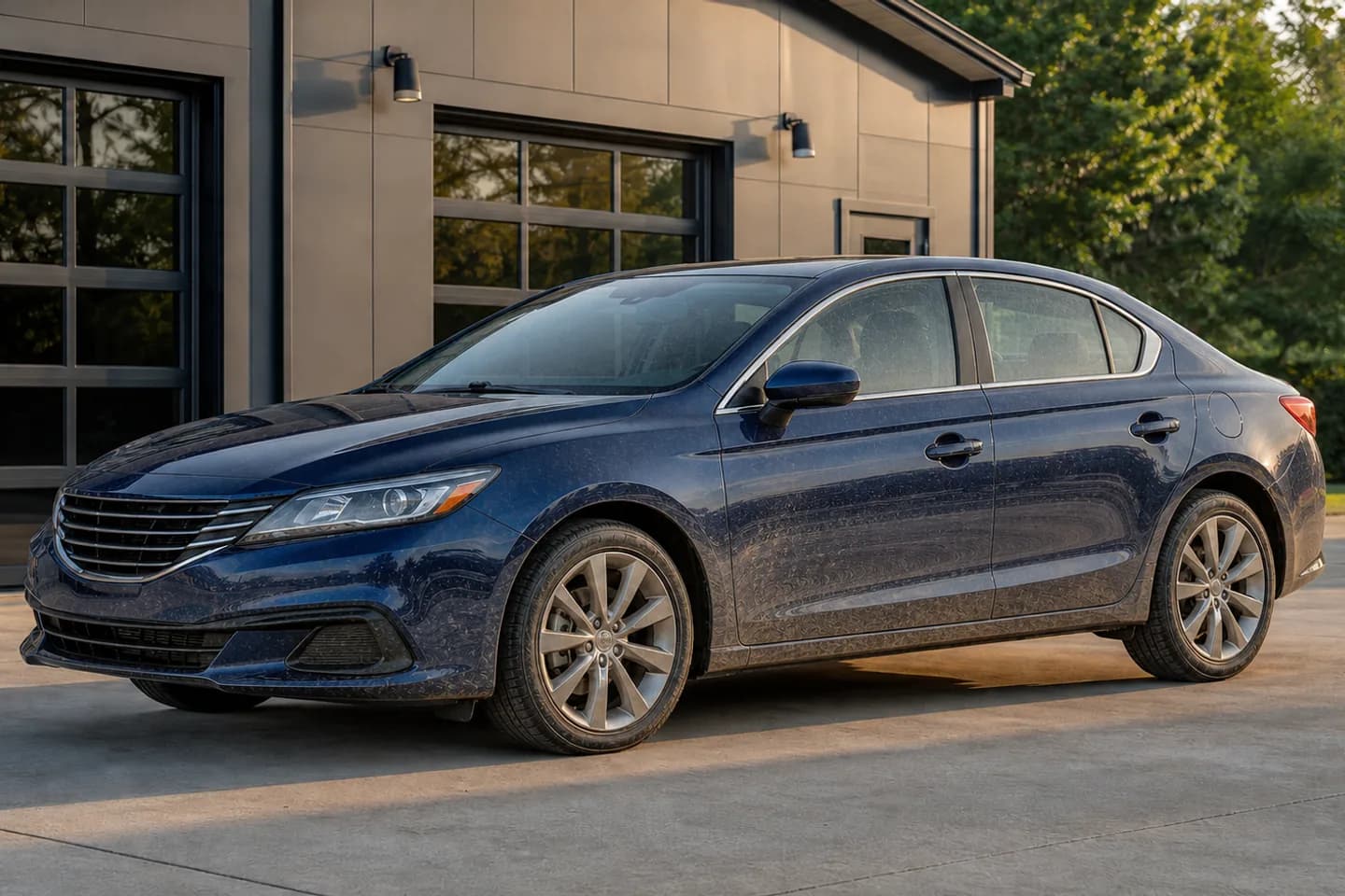 Deep-blue sedan before detailing with road grime, dusty paint, water spots and dirty wheels